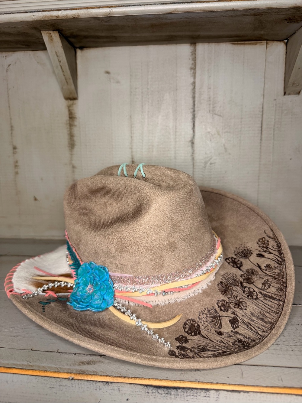 Custom Made KIDS LARGE Boho Tan Felt Western Hat with Custom Details